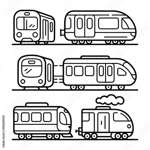 Urban transit icons: Illustrated depiction of the modern and diverse means of transportation in an urban landscape, showcasing a range of train and railway vehicle designs. 
