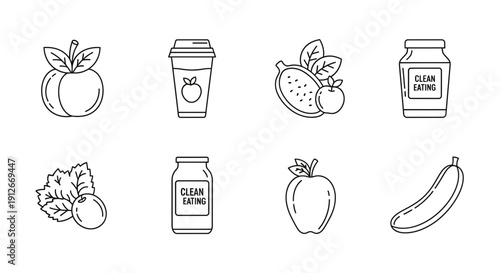 Healthy Food Icons: Apple, Juice, Berries, Cucumber, and Clean Eating Jars
