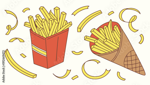 Colorful illustration depicting french fries in a container and cone whimsical silhouette high quality professional detailed