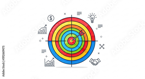 Business target with colorful concentric circles and financial icons around it for marketing strategy and goal setting