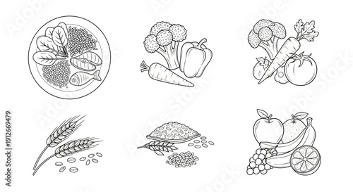 Healthy Food Icons: Fruits, Vegetables, Grains, Fish, and Salad