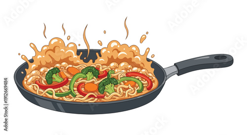 Dynamic cartoon illustration of a sizzling vegetable noodle stir-fry actively cooking in a frying pan with vibrant ingredients and splashing sauce