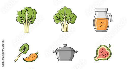 Healthy Food Ingredients and Cooking Utensils Flat Icons Set