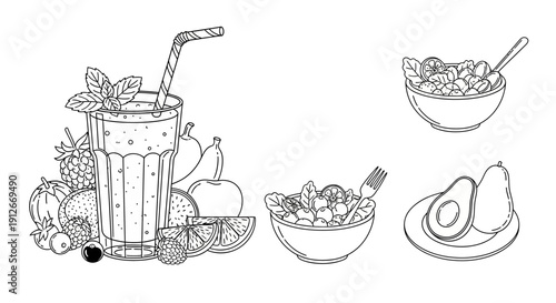 Healthy Fruit Smoothie and Fresh Ingredients Line Art Illustration