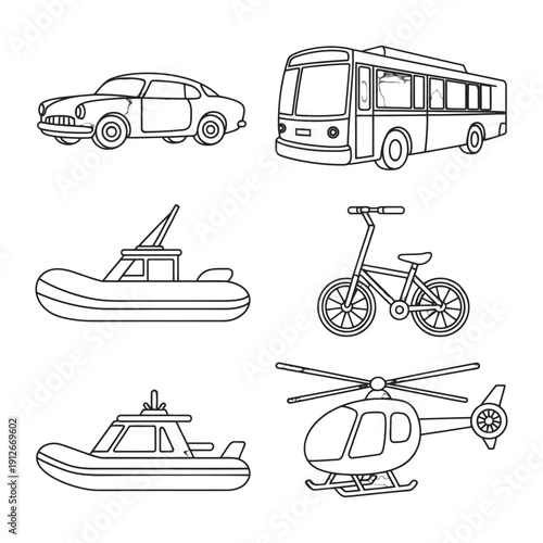 Transportation Illustration: A collection of various vehicles illustrated in a clean, uncluttered style, perfect for educational resources, design projects, and transportation-themed visuals. 
