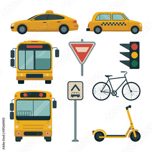 Urban Transportation Elements: A collection of various yellow transportation elements, showcasing a city's diverse mobility options.