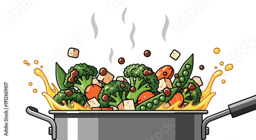 Vibrant healthy cooking scene with fresh broccoli, carrots, peas, and tofu in a sizzling pan emitting steam and energetic splashes of liquid for a