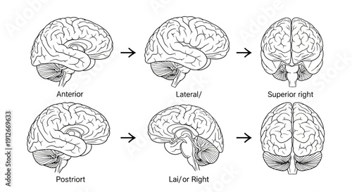 Human Brain Anatomy Views: Anterior, Lateral, Superior, Posterior