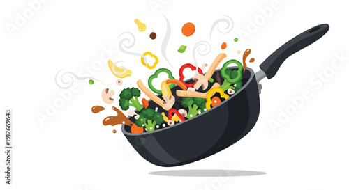 Vibrant stir-fry ingredients gracefully dancing in a hot pan, an energetic culinary spectacle promoting nutritious dining and engaging kitchen