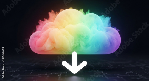 Rainbow cloud with white download arrow on dark background symbolizing data storage and colorful digital concept
