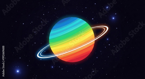 Vibrant rainbow planet with glowing rings in outer space surrounded by stars and celestial bodies colorful astronomy illustration
