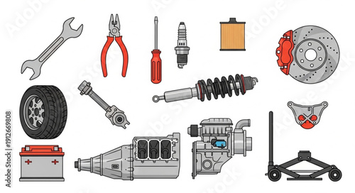 Car Parts and Tools Illustration.