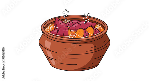 Delicious sweet potatoes boiling in a traditional clay pot, a delightful illustration of comforting homemade food preparation, ideal for rustic