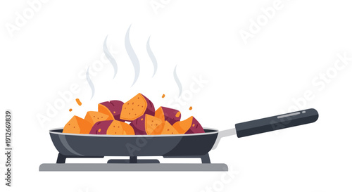Sizzling sweet potato cubes cooking in a modern frying pan on a sleek stovetop, emitting fragrant steam and a delightful aroma for a wholesome meal