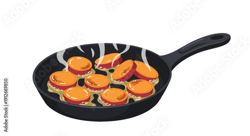 Vibrant round food elements gently sizzling in a dark non-stick frying pan, emitting light steam against a pristine white studio background. This
