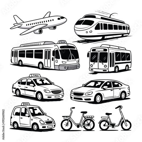 Diverse Transportation Set: A curated collection of transportations including plane, train, bus, car, motorcycle and bicycle, embodying the essence of journey