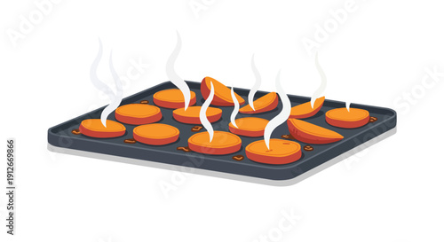 Warm, vibrant, baked sweet potato slices and wedges gently steaming on a dark metallic baking sheet, a wholesome, fresh, and inviting food graphic
