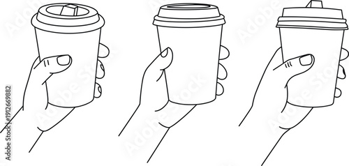 Hand holding disposable coffee cup set, black outline sketch of takeaway paper cafe mugs, vector illustration