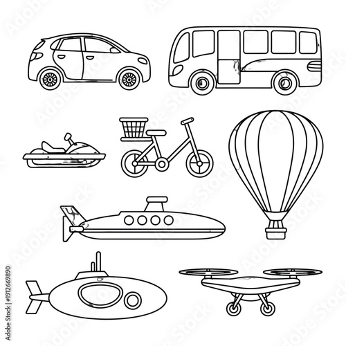 Lineup of Transportation: A collection of various vehicles and modes of transport, ready to convey you. This monochrome illustration is perfect for highlighting diverse ways of movement and travel.