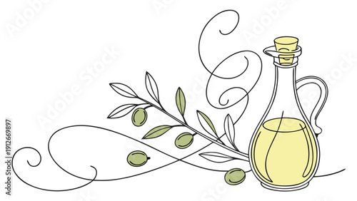 Decorative illustration of an olive oil bottle with olives and foliage line art silhouette high quality