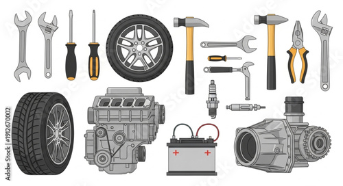 Car Parts and Tools Illustration.
