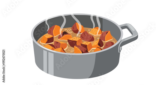 Warm, rustic stew, brimming with colorful, diced vegetables and a rich, simmering broth, cooks gently in a gray pot, emitting soft wisps of steam,