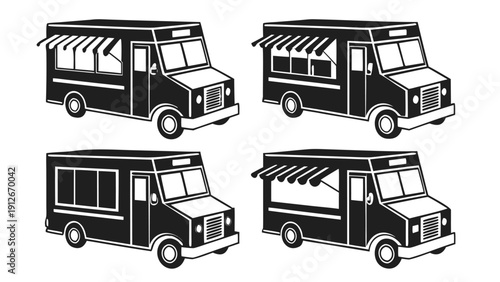 Four black food trucks depicted in a graphic style showcasing mobile cuisine silhouette high quality professional