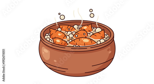 Steaming orange carrots and plump white beans gently cooking in a rustic brown pot, with soft bubbles and rising vapor, signifying a delightful