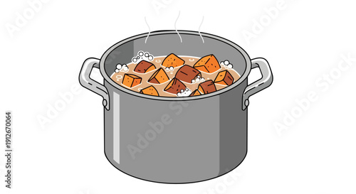 An engaging culinary illustration of a robust metal pot filled with various cubed ingredients actively simmering in a flavorful liquid, releasing