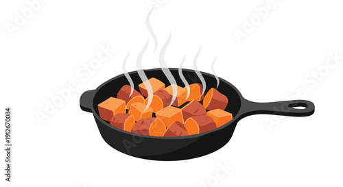 Hot diced orange and red root vegetables sizzling in a cast iron pan a vibrant culinary illustration of fresh produce cooking