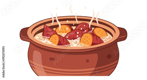 Warm nutritious sweet potatoes cooking gently in a traditional earthenware pot with visible steam rising creating a comforting culinary scene