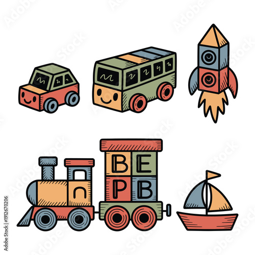 Playtime Parade: A whimsical illustration of wooden toy vehicles including a car, bus, rocket, train and a sailboat, radiating joyful innocence