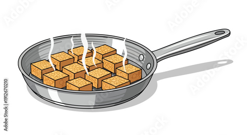 Sizzling plant-based tempeh cubes cooking in a shiny non-stick pan, emitting delicate steam
