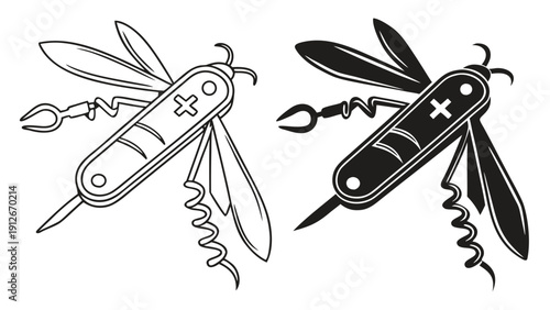 Two detailed illustrations of a swiss army knife one line art and one solid silhouette