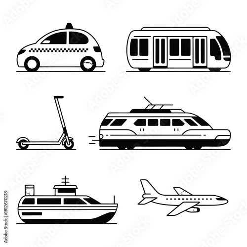 Diverse Transportation: A minimalist illustration showcases a variety of modern transport vehicles. Featuring a taxi, train, scooter, high-speed train, ship, and airplane.