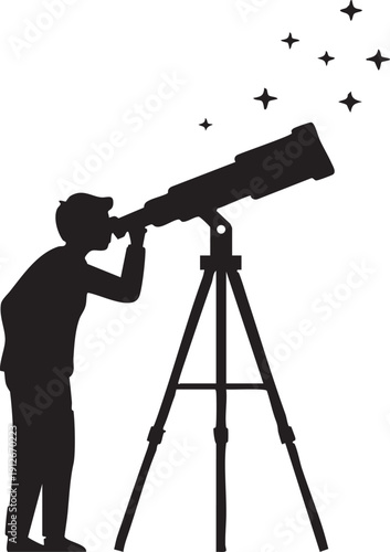 Person looking through a telescope silhouette isolated on white background minimalist stargazing and astronomy observation illustration