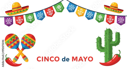 Cinco de Mayo festive elements with maracas, chili peppers, sombrero, and cactus decoration