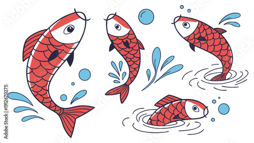 Playful red koi fish swim amongst bubbles and aquatic plants a charming silhouette high quality professional