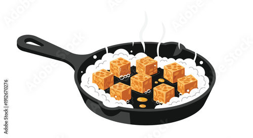 Delicious plant-based protein cubes frying in a hot skillet creating a healthy and satisfying meal preparation for a vibrant culinary experience at