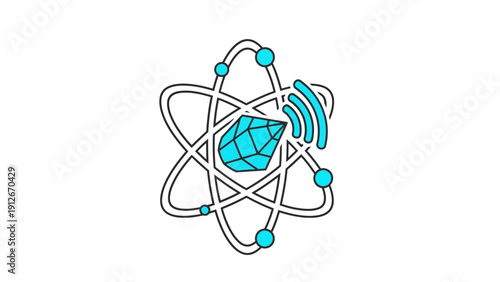 Quantum Crystal Atom Icon. Abstract symbol for high-speed data transmission, physics, innovation, and scientific communication.