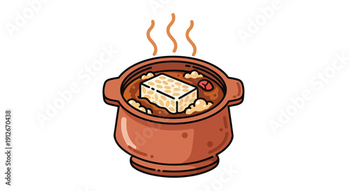 A delightful cartoon rendering of a steaming earthenware pot filled with a hearty, flavorful broth and a large block of fermented soybeans,
