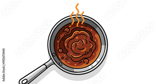 Warm, rich brown sauce bubbles actively in a kitchen pan, emitting inviting steam.