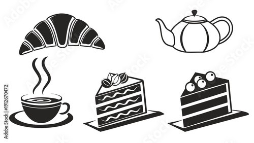 A collection of breakfast and dessert items depicted in a striking black silhouette high quality professional