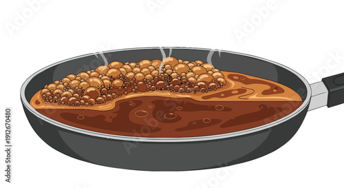 Dynamic cartoon illustration showcasing a dark non-stick frying pan filled with rich simmering brown liquid featuring an active area of vigorous