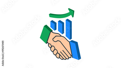 3D Isometric Handshake Icon Representing Business Partnership Success, Deal Closure, Growth Chart, and Financial Increase