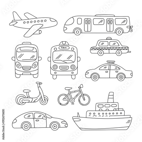 Vehicles illustration : A collection of charming vehicles are sketched against a blank canvas, inviting viewers to embark on a journey through the world of transportation. A playful mix of air, land.
