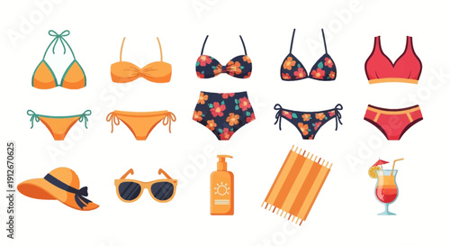 Collection of five bikini styles beach accessories and a cocktail