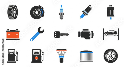 Car Parts and Tools Icons Set.