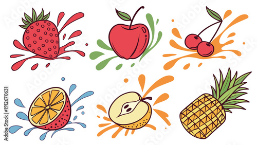 Colorful fruit splash illustration featuring strawberry apple cherry pineapple and citrus silhouette high quality professional detailed