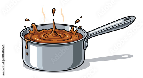 Vibrant cartoon illustration of a gleaming saucepan overflowing with hot, bubbling brown liquid. Dynamic splashes and steam rise, capturing